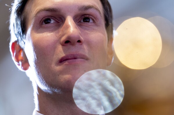 FILE - Jared Kushner listens as former President Donald Trump announces he is running for president for the third time as he speaks at Mar-a-Lago in Palm Beach, Fla., Nov. 15, 2022. Kushner defended on Tuesday, Feb. 13, 2024, his business dealings after leaving government with the Saudi crown prince who was implicated in the 2018 killing of Washington Post columnist Jamal Khashoggi. (AP Photo/Andrew Harnik, File)