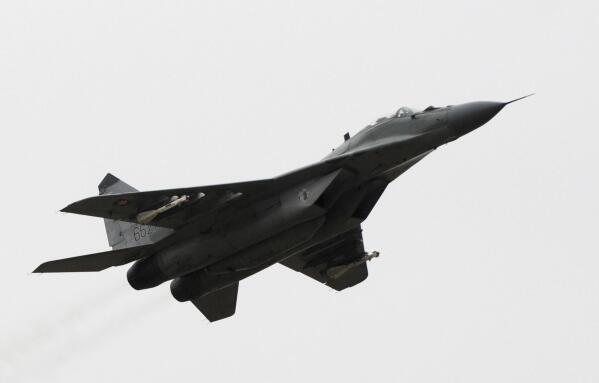 FILE - A view of a MiG-29 aircraft at Sliac Air Base, in Sliac, Slovakia, Feb. 29, 2008. Slovakia’s government has approved a plan to give Ukraine its fleet of Soviet-era MiG-29 fighter jets. Prime Minister Eduard Heger announced the unanimous decision of his government on Friday, March 17, 2023. (Jozef Durník/TASR via AP, File)