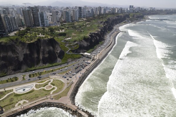 FILE - Areal view of Miraflores neighborhood, in Lima, Peru, March 28, 2023. Lima will host the 2027 Pan American Games for the second time in less than a decade. (AP Photo/Martin Mejia, File)
