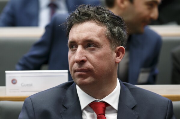 FILE - Ambassador of FC Liverpool Robbie Fowler attends the drawing of the matches for the Champions League 2018/19 quarter-finals at the UEFA headquarters in Nyon, Switzerland, Friday, March 15, 2019. Former Liverpool and England striker Robbie Fowler was hired as coach of Saudi Arabian team Al-Qadisiyah on Thursday, June 29, 2023. (Salvatore Di Nolfi/Keystone via AP, File)