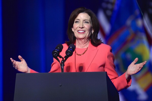 FILE - New York Gov. Kathy Hochul speaks in Syracuse, N.Y., April 25, 2024. Gov. Hochul says she regrets making an offhand remark that suggested Black children in the Bronx do not know what the word “computer” means. The Democratic governor made the extemporaneous comment Monday, May 6, 2024 while being interviewed at a large business conference in California. (AP Photo/Adrian Kraus, file)