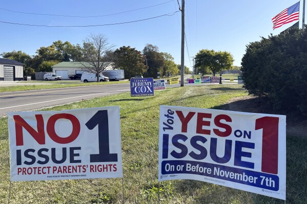 Signs for and against a proposed constitutional amendment to protect abortion rights in Ohio stand in front of the Greene County Board of Elections in Xenia, Ohio, Wednesday, Oct. 11, 2023, the first day of in-person voting. (APPhoto/Julie Carr Smyth)