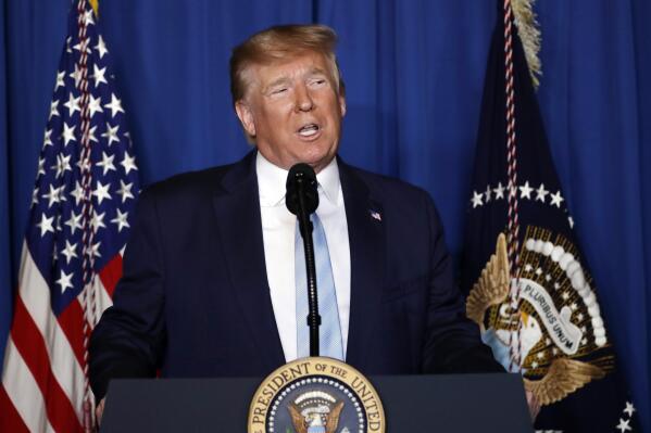 FILE - President Donald Trump speaks at his Mar-a-Lago estate on Jan. 3, 2019, in Palm Beach, Fla. Trump said in a social media post that he expects to be arrested Tuesday as a New York prosecutor is eyeing charges in a case examining hush money paid to women who alleged sexual encounters with the former president. Trump provided no evidence that suggested he was directly informed of a pending arrest and did not say how he knew of such plans. (AP Photo/ Evan Vucci, File)