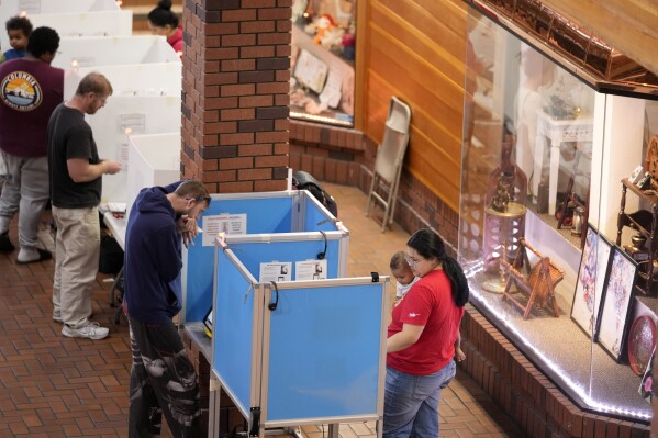 People vote at the Reno Town Mall, Tuesday, Nov. 5, 2024, in Reno, Nev. (AP Photo/Godofredo A. Vasquez)