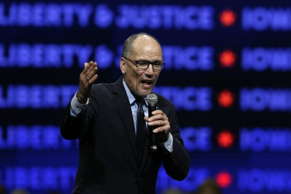 Democratic National Committee Chair Tom Perez speaks during the Iowa Democratic Party's Liberty and Justice Celebration, Friday, Nov. 1, 2019, in Des Moines, Iowa. (AP Photo/Nati Harnik)