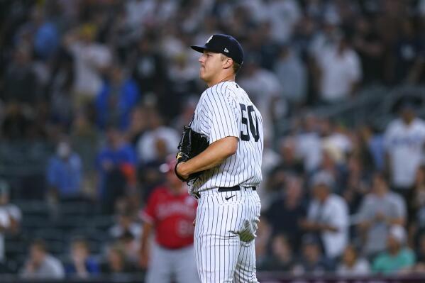 New York Yankees starting pitcher Jameson Taillon waits after Los Angeles Angels' Kurt Suzuki hit an RBI single during the eighth inning in the second baseball game of a doubleheader Thursday, June 2, 2022, in New York. (AP Photo/Frank Franklin II)