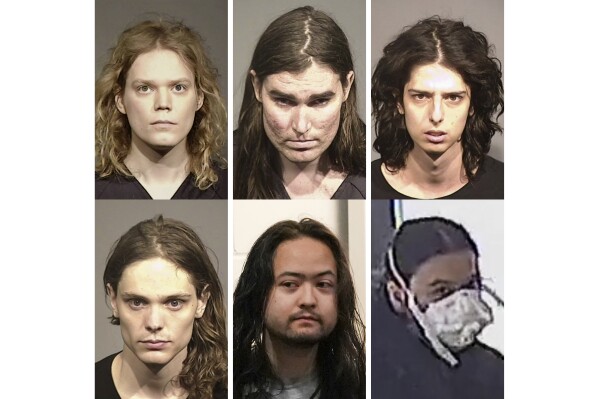 This combination of images from top left shows 2019 Sonoma County Sheriff's office booking mug shots of Jack LaSota, Alexander Leatham, Emma Borhanian and, at bottom left, Gwen Danielson, court appearance of Maximilian Snyder and a Newport City Inn surveillance video image of Teresa Youngblut. They are associates of LaSota, also known as "Ziz." (AP Photo)