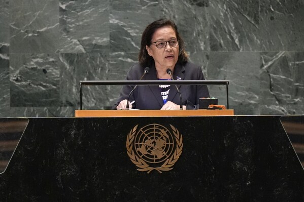 President of the Marshall Islands Hilda Heine addresses the 79th session of the United Nations General Assembly, Wednesday, Sept. 25, 2024. (AP Photo/Pamela Smith)