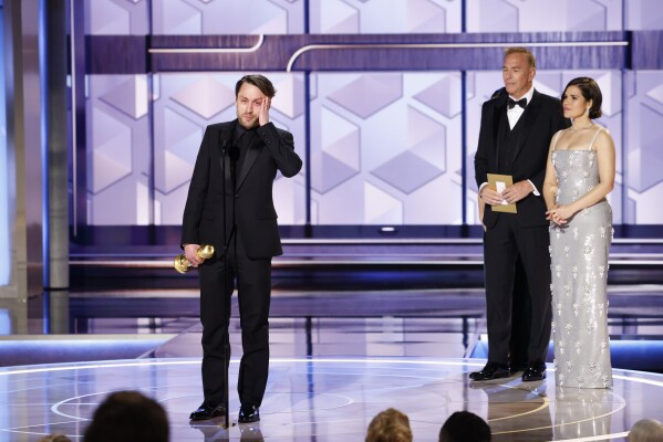 This image released by CBS shows Kieran Culkin accepting the award for best performance by an actor in a drama series for his role in "Succession" during the 81st Annual Golden Globe Awards in Beverly Hills, Calif., on Sunday, Jan. 7, 2024. (Sonja Flemming/CBS via AP)