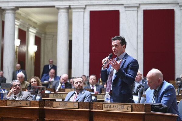 Republican Del. JB Akers speaks on the House of Delegates floor during a special session at the West Virginia State Capitol in Charleston, W.Va., Tuesday, May 21, 2024. (Perry Bennett/West Virginia Legislative Photography via AP)