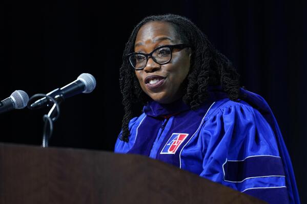 Supreme Court Associate Justice Ketanji Brown Jackson speaks at the commencement ceremony for American University's Washington College of Law, Saturday, May 20, 2023, in Washington. (AP Photo/Patrick Semansky)
