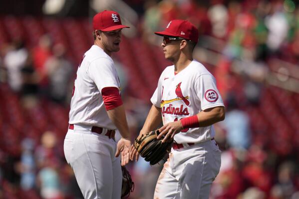 Nolan Gorman of the St. Louis Cardinals celebrates with Tommy