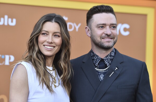 FILE - Cast member and executive producer Jessica Biel, left, arrives with her husband, Justin Timberlake, at the Los Angeles premiere of "Candy," Monday, May 9, 2022. (Photo by Jordan Strauss/Invision/AP, File)