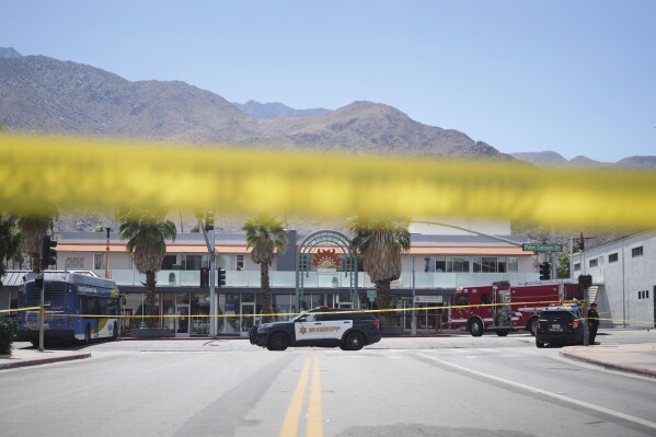 After an explosion on May 17, 2025 in Palm Springs, California, the police band will be placed across a street (AP Photo/Eric Thayer)