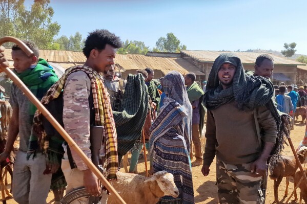 Fano militia members patrol Sangi livestock market, in the Amhara region of northern Ethiopia, Sunday, Jan. 23, 2025. (AP Photo)