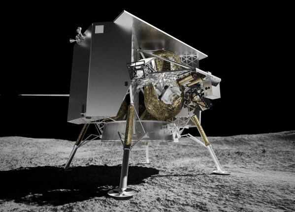 This illustration provided by Astrobotic Technology in 2024 depicts the Peregrine lunar lander on the surface of the Moon.  Its expected launch date is Monday, January 8, 2024. (Astrobotic Technology via AP)