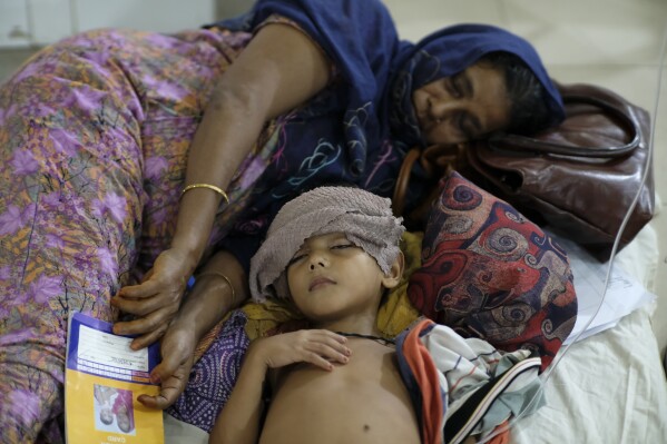 A child suffering from dengue receives treatment at Mugda Medical College and Hospital in Dhaka, Bangladesh, Thursday, Sept. 14, 2023. Bangladesh is struggling with a record outbreak of dengue fever, with experts saying a lack of a coordinated response is causing more deaths from the mosquito-transmitted disease. (AP Photo/Mahmud Hossain Opu)