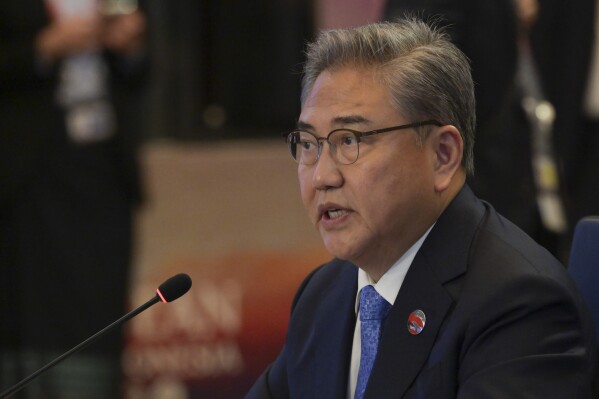 FILE - South Korean Foreign Minister Park Jin speaks during ASEAN Post Ministerial Conference with South Korea at the Association of Southeast Asian Nations (ASEAN) Foreign Ministers' Meeting in Jakarta, Indonesia, on July 13, 2023. The foreign ministers of the Japan, South Korea and China are to meet Sunday, Nov. 26, in Busan, Seoul’s Foreign Ministry said in a statement Friday, Nov. 24. (Bay Ismoyo/Pool Photo via AP, File)