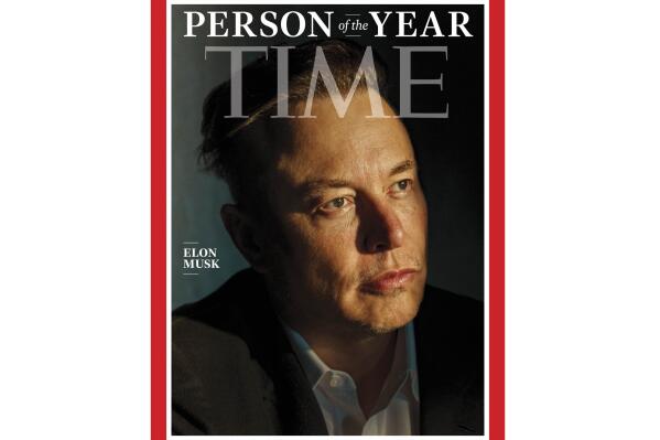 This photo provided by Time magazine shows Elon Musk on the cover of the magazine's Dec. 27 - Jan 3 double issue announcing Musk as their 2021 "Person of the Year." (Time via AP)