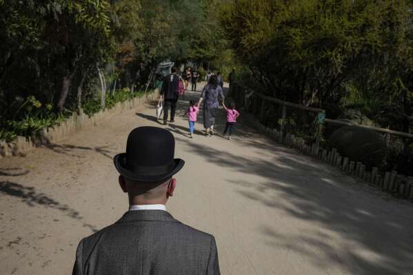 Enzo Restovic heads to an Old Fashioned Fest at a park in Santiago, Chile, Saturday, April 5, 2025. (AP Photo/Esteban Felix)