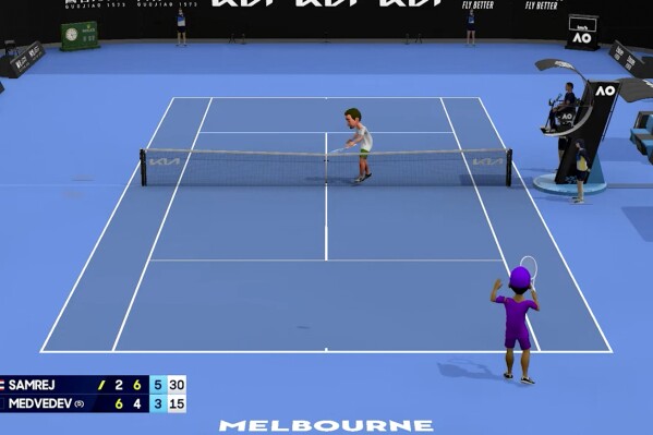 This image made from animation and provided by Tennis Australia shows a first round match between Daniil Medvedev of Russia and Kasidit Samrej of Thailand in an animation form at the Australian Open tennis championship in Melbourne, Australia, Tuesday, Jan. 14, 2025. (Tennis Australia via AP)