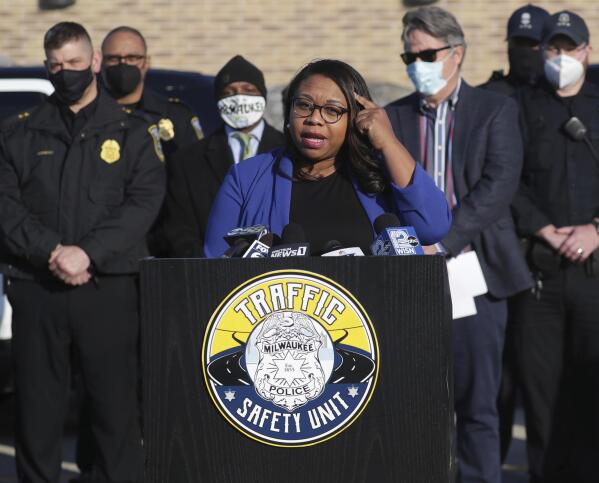 In this Wednesday, March 3, 2021, photo Alderwoman Chantia Lewis speaks during a press conference regarding the Milwaukee Police Department's new initiative to combat reckless driving, held at Midtown Center on West Capitol Drive in Milwaukee. Milwaukee City Councilwoman Lewis announced Wednesday, July 21, that she's running for the U.S. Senate, becoming the ninth Democrat to enter the race for the seat currently held by Republican Sen. Ron Johnson. (Mike De Sisti/Milwaukee Journal-Sentinel via AP)