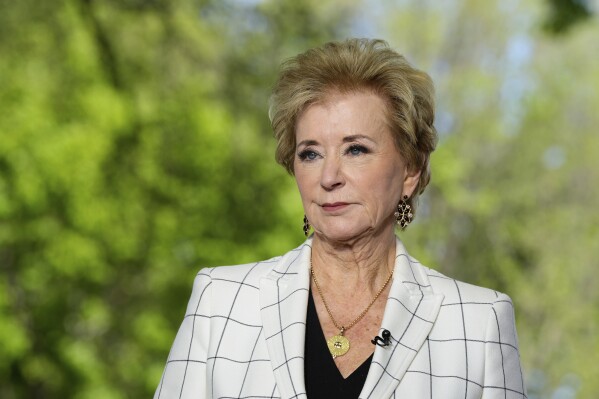 Education Secretary Linda McMahon does a television interview at the White House, April 16, 2025, in Washington. (AP Photo/Alex Brandon, File)