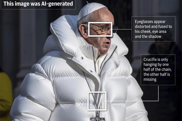 AI fakery is quickly becoming one of the biggest problems confronting us online. With AI deepfakes cropping up almost every day, depicting everyone from Taylor Swift to Donald Trump, it’s getting harder to tell what’s real from what’s not. The following photo-illustrated graphic highlights a few notable areas of an AI-deepfake of Pope Francis.