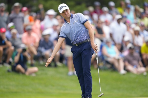 Justin Thomas reacts after missing a putt on the seventh hole during the first round of the PGA Championship golf tournament at the Valhalla Golf Club, Thursday, May 16, 2024, in Louisville, Ky. (Ǻ Photo/Matt York)