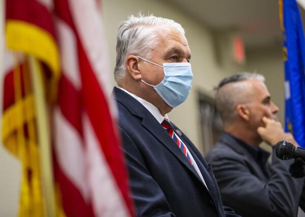 Nevada Gov. Steve Sisolak provides an update on COVID-19 in Nevada at the Sawyer Building in Las Vegas on Monday, Aug. 16, 2021. (Chase Stevens/Las Vegas Review-Journal via AP)