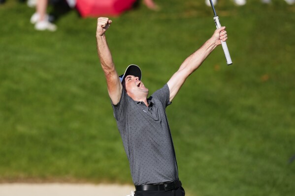 Keegan Bradley celebrates winning the Travelers Championship golf tournament at TPC River Highlands, Sunday, June 25, 2023, in Cromwell, Conn. (AP Photo/Frank Franklin II)