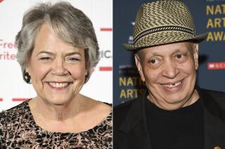 Carolyn Reidy appears at the 2018 PEN Literary Gala in New York on May 22, 2018, left, and Walter Mosley appears at the 2018 National Art Awards in New York on Oct. 22, 2018. The National Book Awards winners will be announced during an online ceremony Nov. 18, with honorary medals to be presented to Mosley and posthumously to Simon & Schuster CEO Carolyn Reidy. (AP Photo)