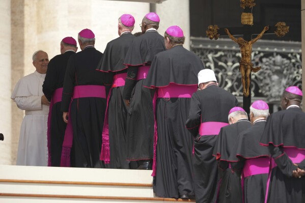 Pope Leo XIV meets bishops during his weekly general audience in St. Peter's Square at The Vatican, Wednesday, June 11, 2025. (AP Photo/Andrew Medichini)