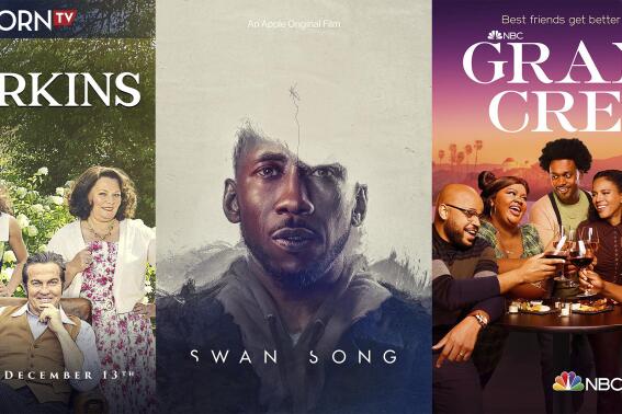 This combination of photos shows promotional art for "The Larkins" a series premiering on Acorn TV on Dec. 13, "Swan Song," a film streaming Dec. 15 on Apple TV+ and "Grand View" a series previewing its first two episodes on Dec. 14. (AcornTV/Apple TV+/NBC via AP)
