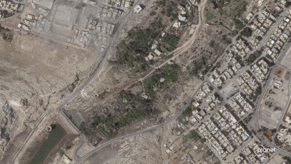 This satellite photo from Planet Labs PBC shows a dam collapse in Derna, Libya, on Sept. 2, 2023. (Planet Labs PBC via AP)