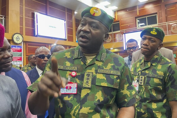 General Christopher Musa, Nigerian Chief of Defense Staff, speaks to reporters in Abuja, Nigeria, Tuesday, Feb. 20, 2024. Musa said Nigeria is unable to buy much-needed military hardware from several countries because of human rights concerns, underscoring one of the country's biggest challenges in fighting a deadly security crisis. (AP Photo/Chinedu Asadu)