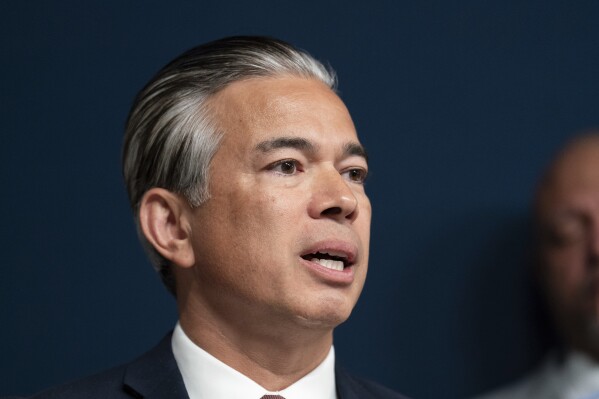 FILE - Attorney General Rob Bonta speaks during a news conference in Sacramento, Calif., Tuesday, Sept. 26, 2023. California's attorney general will not seek criminal charges against a police officer who in 2020 fatally shot a man outside a pharmacy in the San Francisco Bay Area amid national protests over the police killing of George Floyd, his office announced Tuesday, Dec. 19. (AP Photo/Rich Pedroncelli,File)