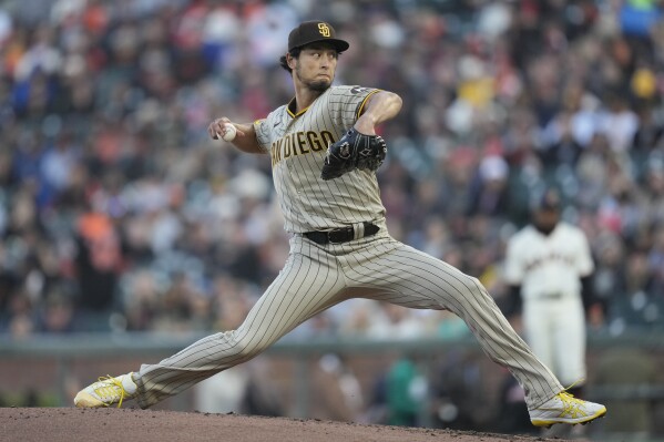 San Diego Padres pitcher Yu Darvish works against the San Francisco Giants during the first inning of a baseball game in San Francisco, Wednesday, June 21, 2023. (AP Photo/Jeff Chiu)