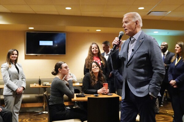 President Joe Biden meets with members of the Culinary Workers Union at Vdara Hotel in Las Vegas, Monday, Feb. 5, 2024. (AP Photo/Stephanie Scarbrough)