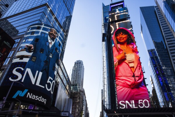 The SNL50 logo is seen outside the Nasdaq Marketplace in New York's Times Square, Friday, Feb. 14, 2025. (AP Photo/Eduardo Munoz Alvarez)
