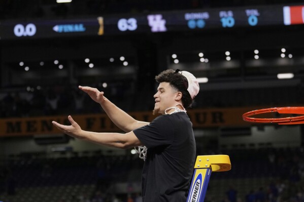 Florida's Walter Clayton Jr. celebrates after Florida beat Houston in the national championship at the Final Four of the NCAA college basketball tournament, Monday, April 7, 2025, in San Antonio. (AP Photo/Eric Gay)