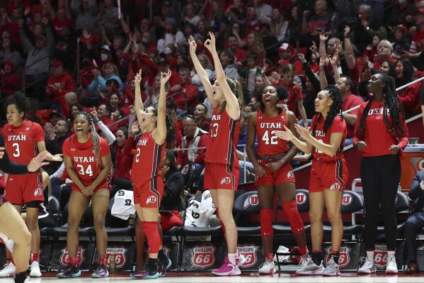 The Utah bench reacts to a three point shot against Stanford in the second half of an NCAA college basketball game Saturday, Feb. 25, 2023, in Salt Lake City. (AP Photo/Rob Gray)