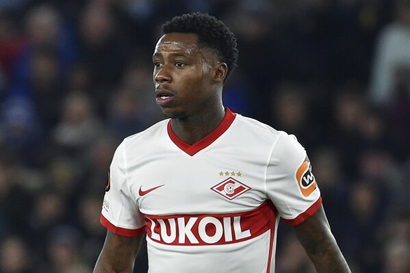 FILE - Spartak's Quincy Promes looks on, during the Europa League Group C soccer match between Leicester City and Spartak Moscow at the King Power Stadium in Leicester, England, Thursday, Nov. 4, 2021. Promes, who was convicted in absentia last month by an Amsterdam court of involvement in cocaine smuggling, has reportedly been arrested by authorities in Dubai at the request of Dutch prosecutors who will seek his extradition. Prosecutors did not release Promes' name, but said in a statement on Wednesday, March 13, 2024 that a 32-year-old man who lives in Moscow was arrested in Dubai. (AP Photo/Rui Vieira, File)