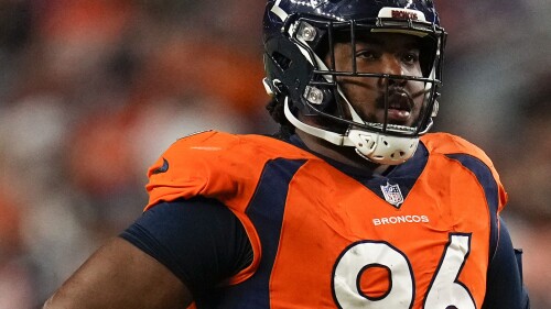 FILE - Denver Broncos defensive end Eyioma Uwazurike looks on during an NFL preseason football game against the Minnesota Vikings, Aug. 27, 2022, in Denver. The NFL indefinitely suspended Uwazurike on Monday, July 24, 2023, for betting on league games during the 2022 season. (AP Photo/Jack Dempsey, File)