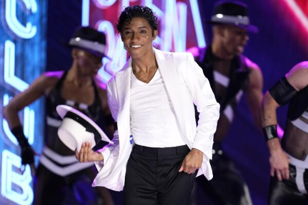 Myles Frost and The cast of "MJ" perform at the 75th annual Tony Awards on Sunday, June 12, 2022, at Radio City Music Hall in New York. (Photo by Charles Sykes/Invision/AP)