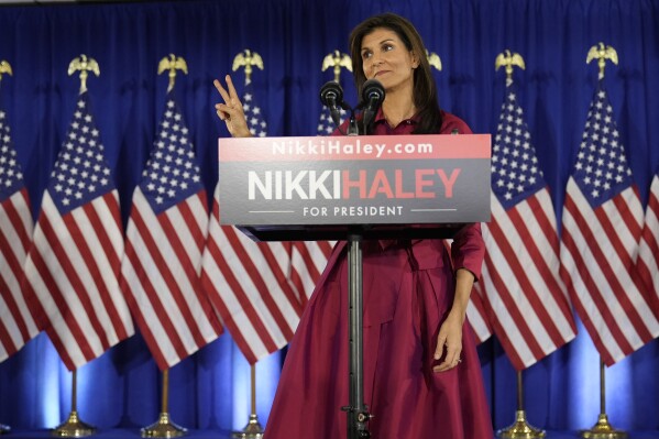 Republican presidential candidate former UN Ambassador Nikki Haley speaks at a caucus night party at the Marriott Hotel in West Des Moines, Iowa on Monday. (AP Photo/Carolyn Kaster)