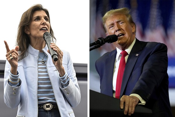 This combo photo shows Republican presidential candidate former UN Ambassador Nikki Haley, left, in Greenwood, S.C., and Republican presidential candidate former President Donald Trump in Conway, S.C., both on Saturday, Feb. 10, 2024. The race for the Republican nomination got personal Saturday when Trump questioned the absence of Haley’s husband on the campaign trail. (AP Photo, File)