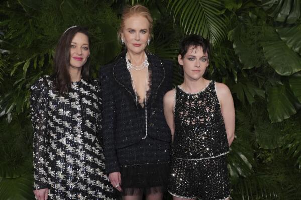 Marion Cotillard, from left, Nicole Kidman, and Kristen Stewart arrive at 14th annual Pre-Oscar Awards Dinner on Saturday, March 11, 2023, at the Beverly Hills Hotel in Beverly Hills, Calif. (Photo by Jordan Strauss/Invision/AP)