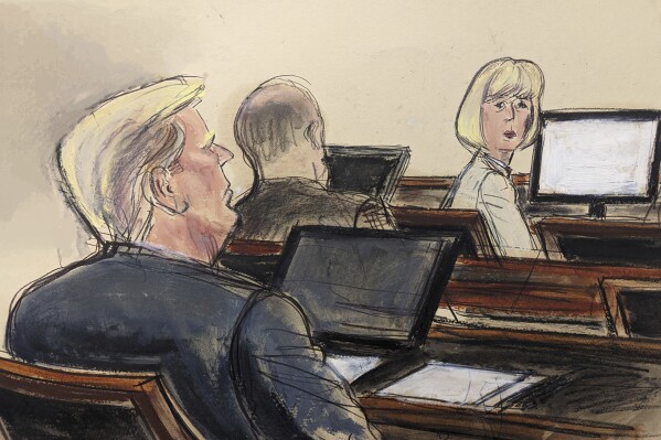 In this courtroom sketch, E. Jean Carroll, right, turns around towards former President Donald Trump, seated left, Tuesday, Jan. 16, 2024, in New York. (AP Photo/Elizabeth Williams)