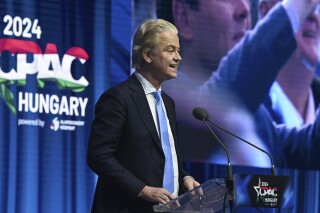 Chairman of the Dutch Freedom Party Geert Wilders speaks at the third Hungarian edition of the Conservative Political Action Conference, CPAC Hungary, in Budapest, Hungary, Friday, April 26, 2024. The two-day event is hosted from April 25 to 26 by the Center for Fundamental Rights of Hungary for the third consecutive year. (Zoltan Mathe/MTI via AP)